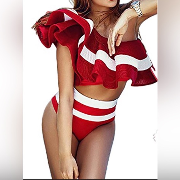 Red and White Ruffled Bikini Set - Picture 2 of 3